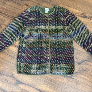 Coldwater Creek Button Up Cardigan Sweater Green Colorful Knit Wool Blend